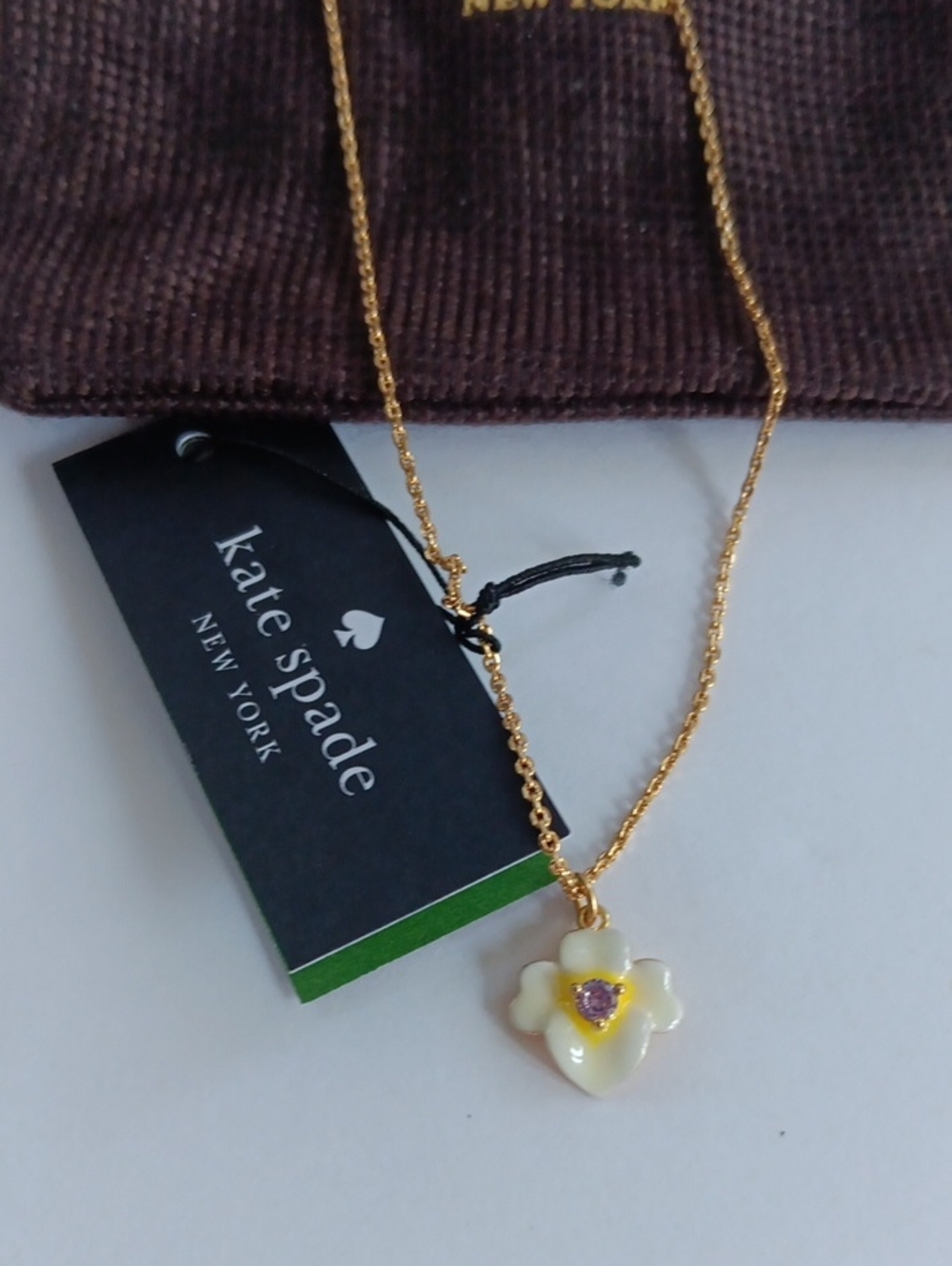 kate Spade New York" Precious Pansy" Enamel Mini Pendant Necklace Gold Tone NWT